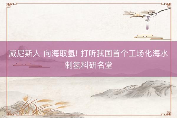 威尼斯人 向海取氢! 打听我国首个工场化海水制氢科研名堂